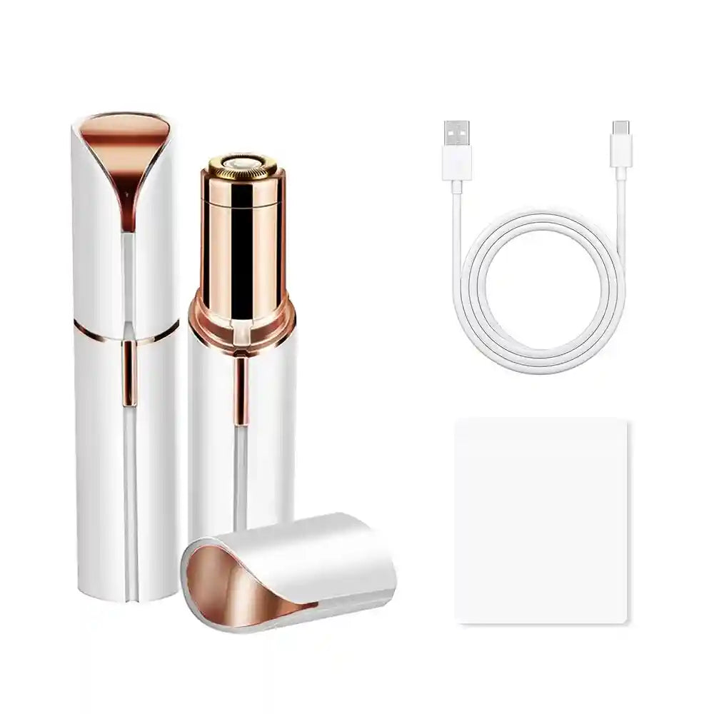 Depiladora facial blanca con tapa y cable USB