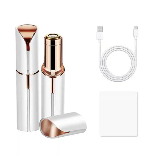 Depiladora facial blanca con tapa y cable USB