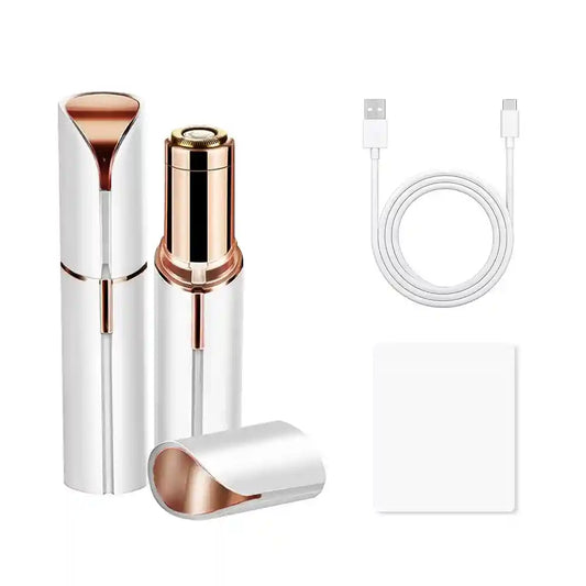 Depiladora facial blanca con tapa y cable USB