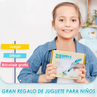 Niña sosteniendo la caja del Lápiz Impresora 3D, presentado como gran regalo de juguete para niños