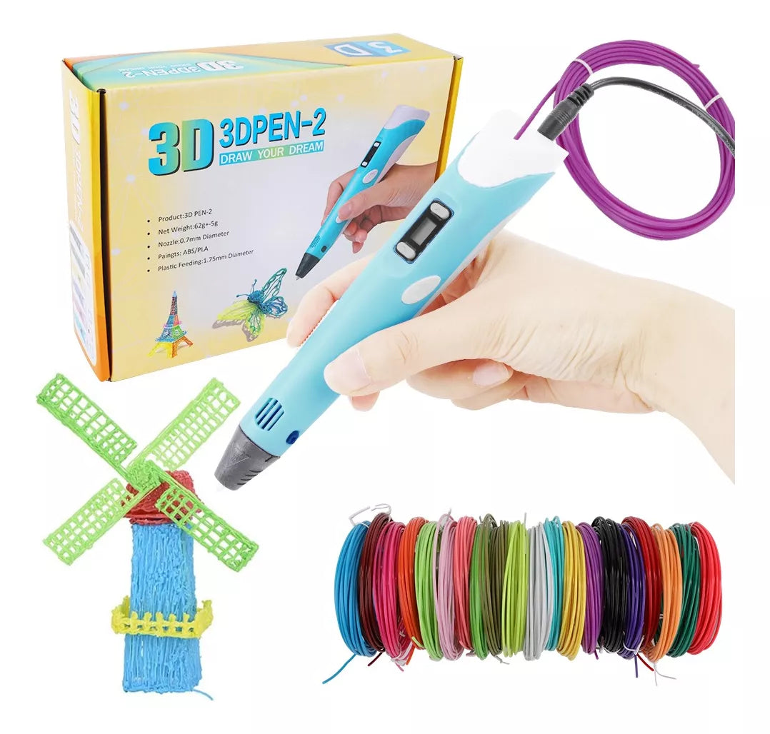 Caja del Lápiz Impresora 3D PEN-2 con el lápiz azul en la mano y bobinas de filamento de colores