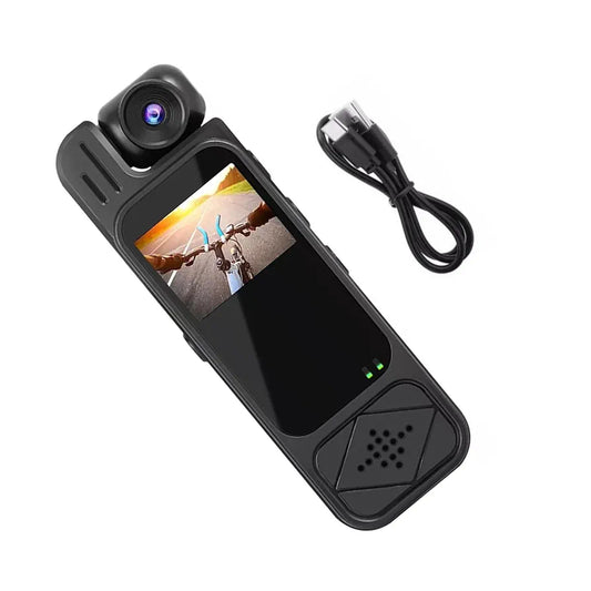 Videocámara corporal HD negra con pantalla LCD y cable de carga USB