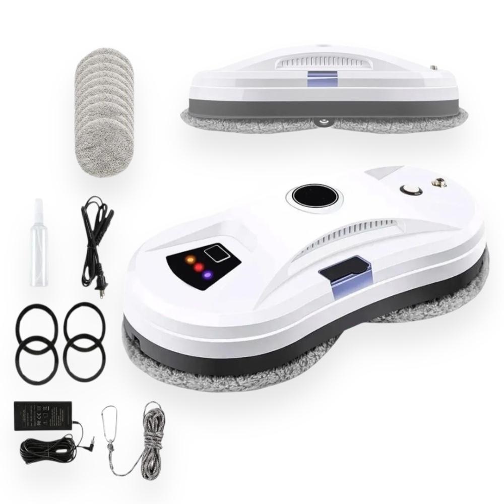 Robot limpia vidrios blanco con paños, control, cuerda de seguridad y transformador