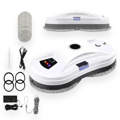 Robot limpia vidrios blanco con paños, control, cuerda de seguridad y transformador