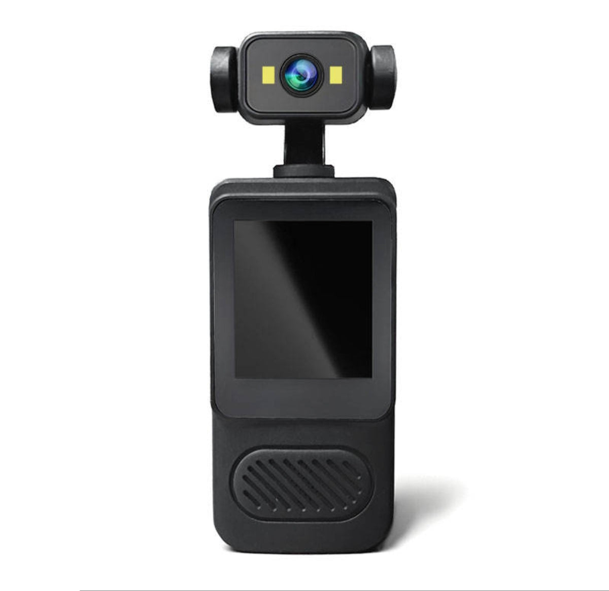 Body cam 2K negra con pantalla LCD y lente en brazo giratorio