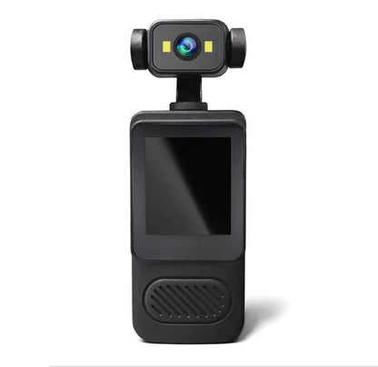 Body cam 2K negra con pantalla LCD y lente en brazo giratorio
