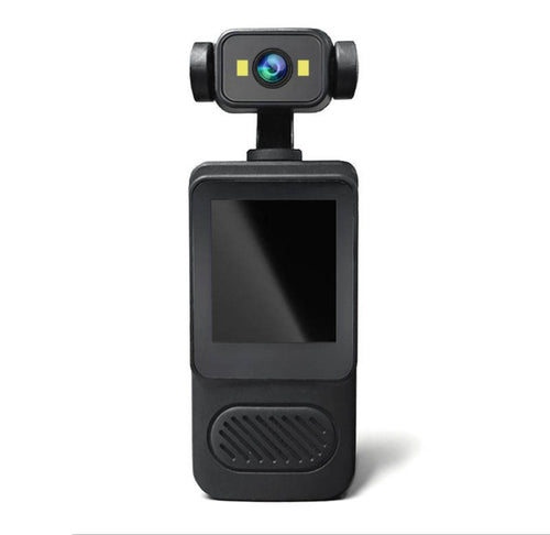 Body cam 2K negra con pantalla LCD y lente en brazo giratorio