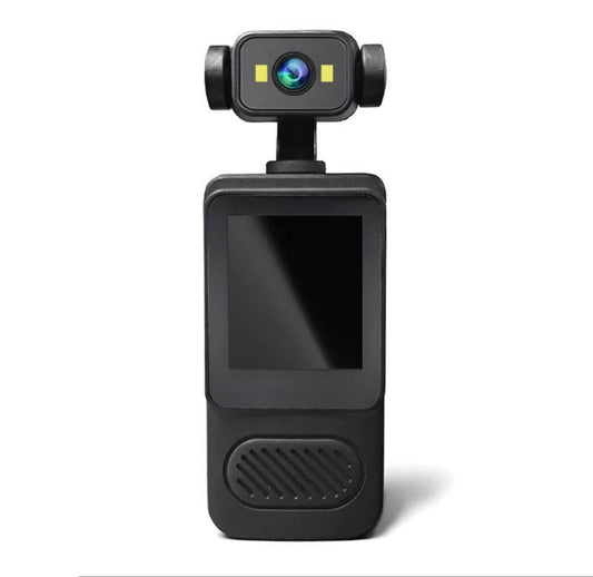 Body cam 2K negra con pantalla LCD y lente en brazo giratorio
