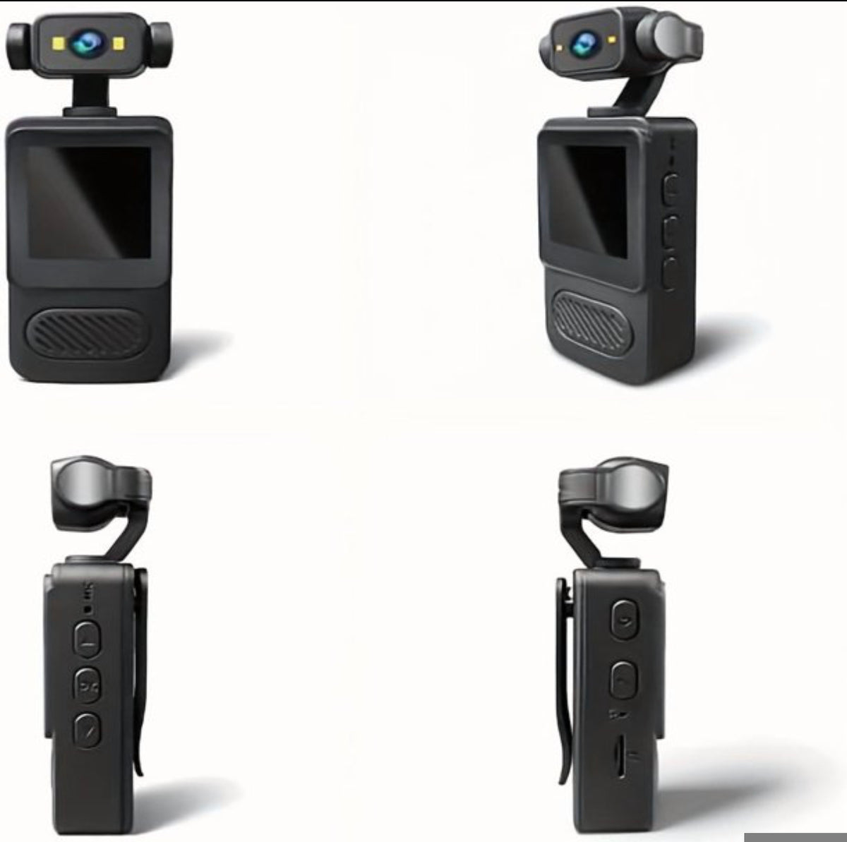 Cuatro vistas de la body cam 2K: frente, perfil y clip trasero