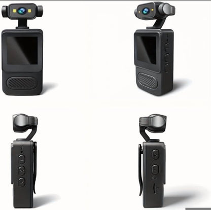 Cuatro vistas de la body cam 2K: frente, perfil y clip trasero