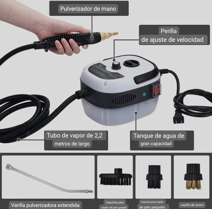 Partes del limpiador a vapor: pulverizador, perilla, estanque y accesorios