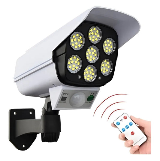 Foco solar LED tipo cámara con sensor de movimiento y control remoto