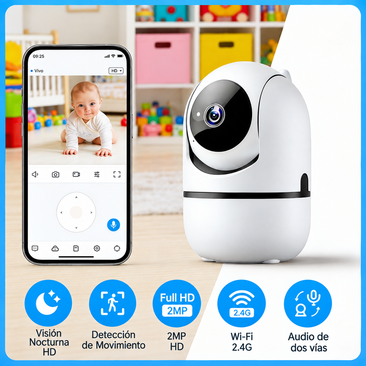 Cámara monitor de bebé WiFi junto al celular con la imagen en vivo