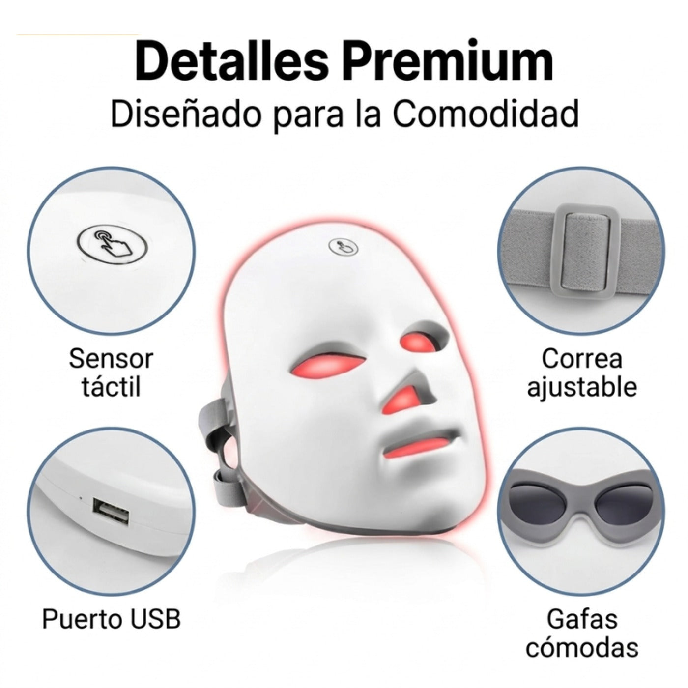 Detalles premium: sensor táctil, correa ajustable, puerto USB y gafas