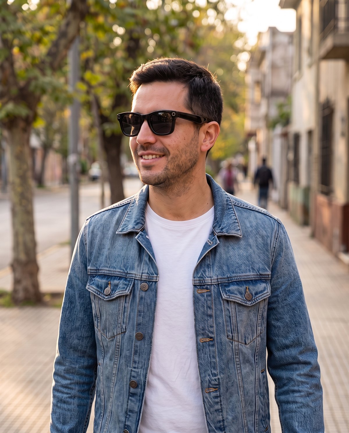 Hombre camina por la calle con las gafas con cámara puestas