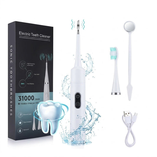 Kit Limpiador Dental Sonico con su caja: mango, cabezal raspador, cepillo, espejo dental y cable USB