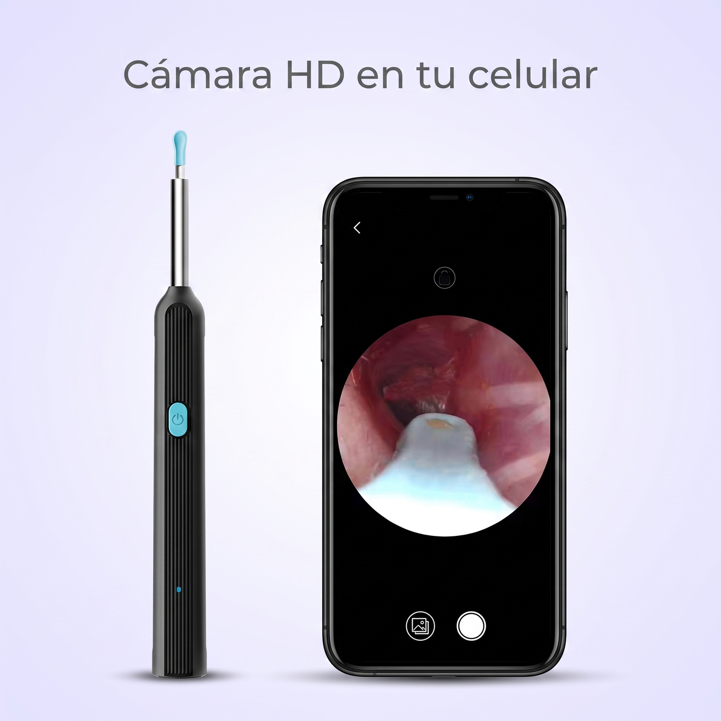 Otoscopio con cámara HD conectado al celular mostrando el oído en tiempo real