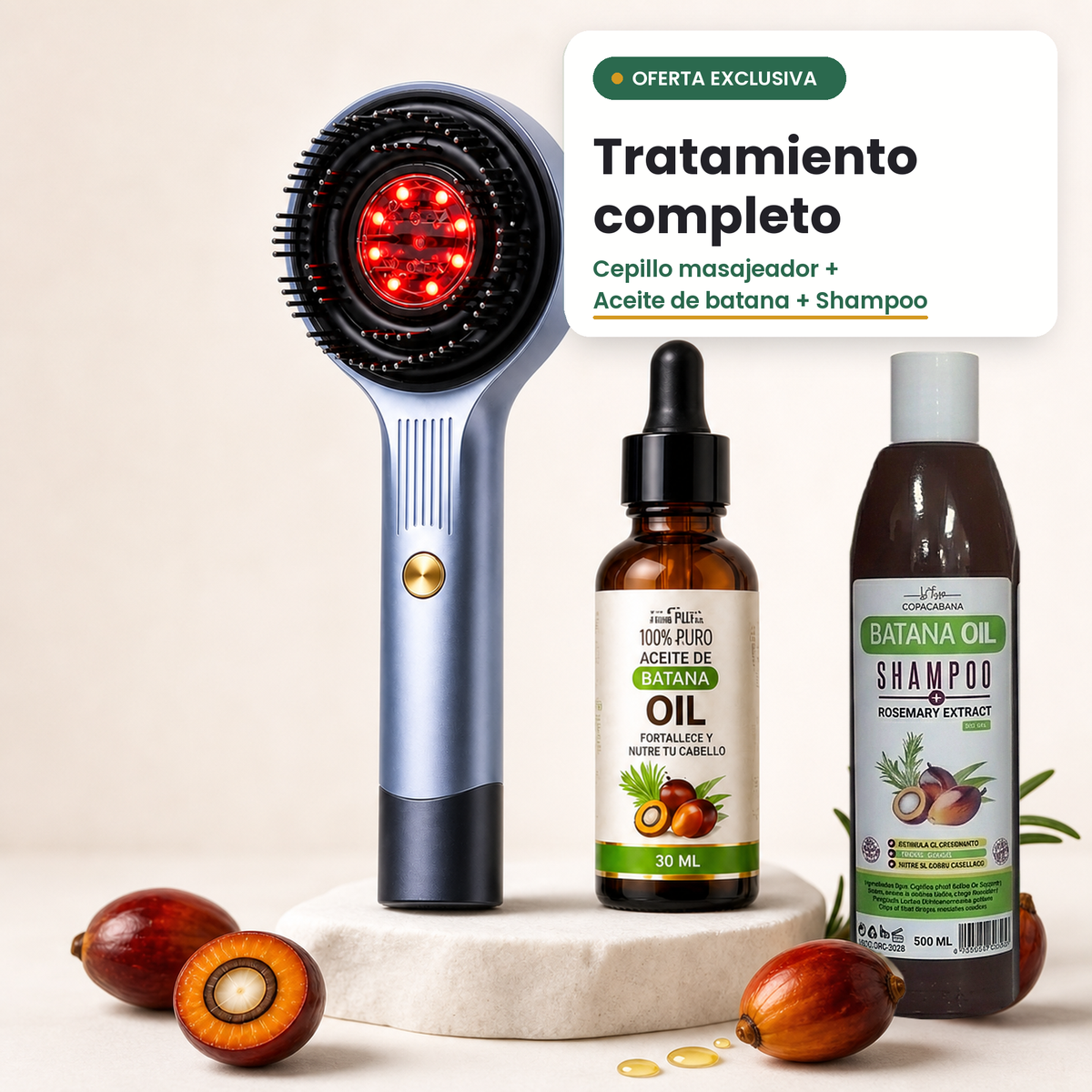 Oferta exclusiva tratamiento completo: cepillo masajeador, aceite de batana y shampoo de batana