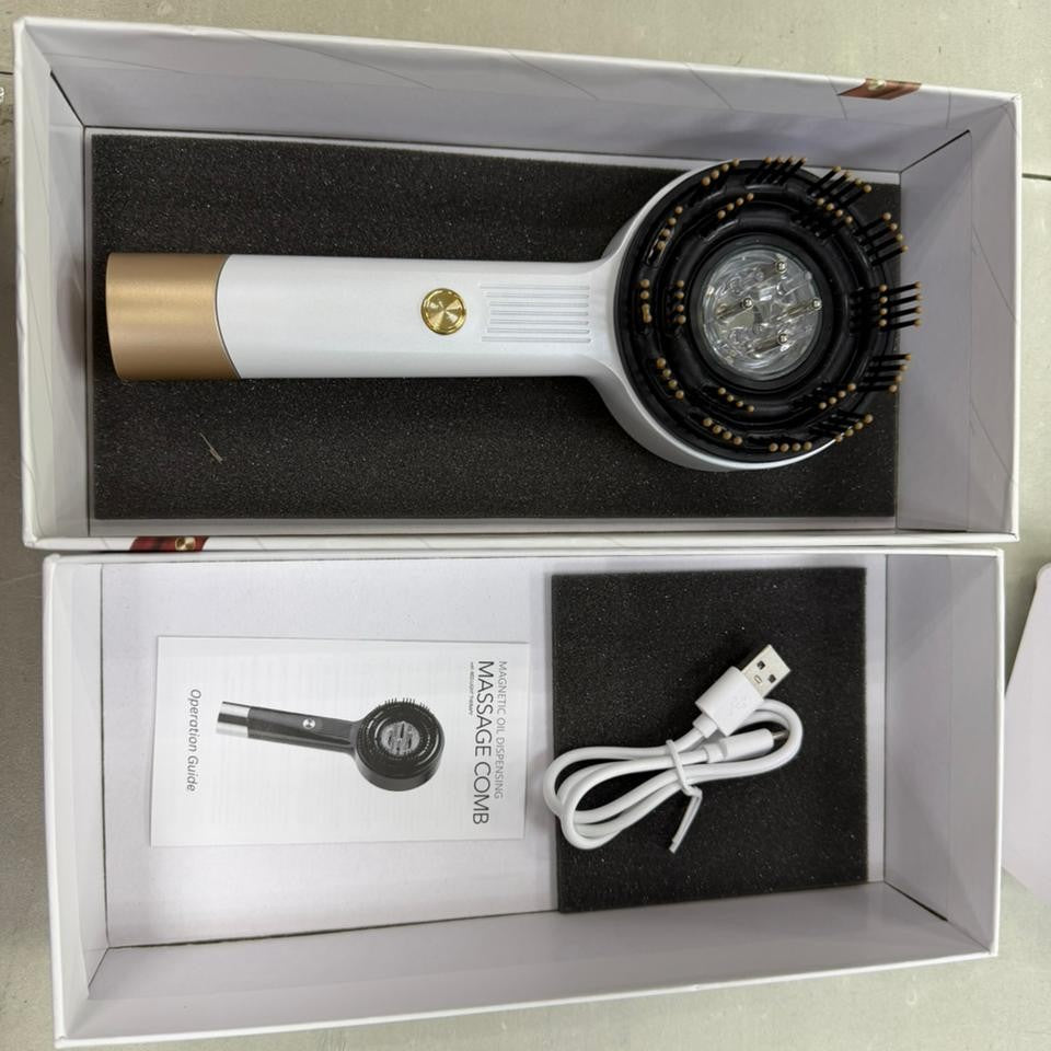 Foto real: cepillo masajeador blanco en su caja con cable USB y manual de uso