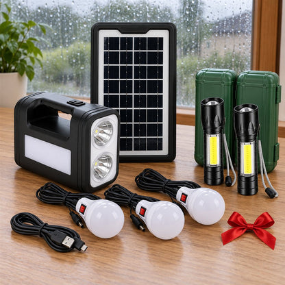 Qué viene en la caja: estación, panel solar, 3 ampolletas con cable, cable USB y 2 linternas de regalo