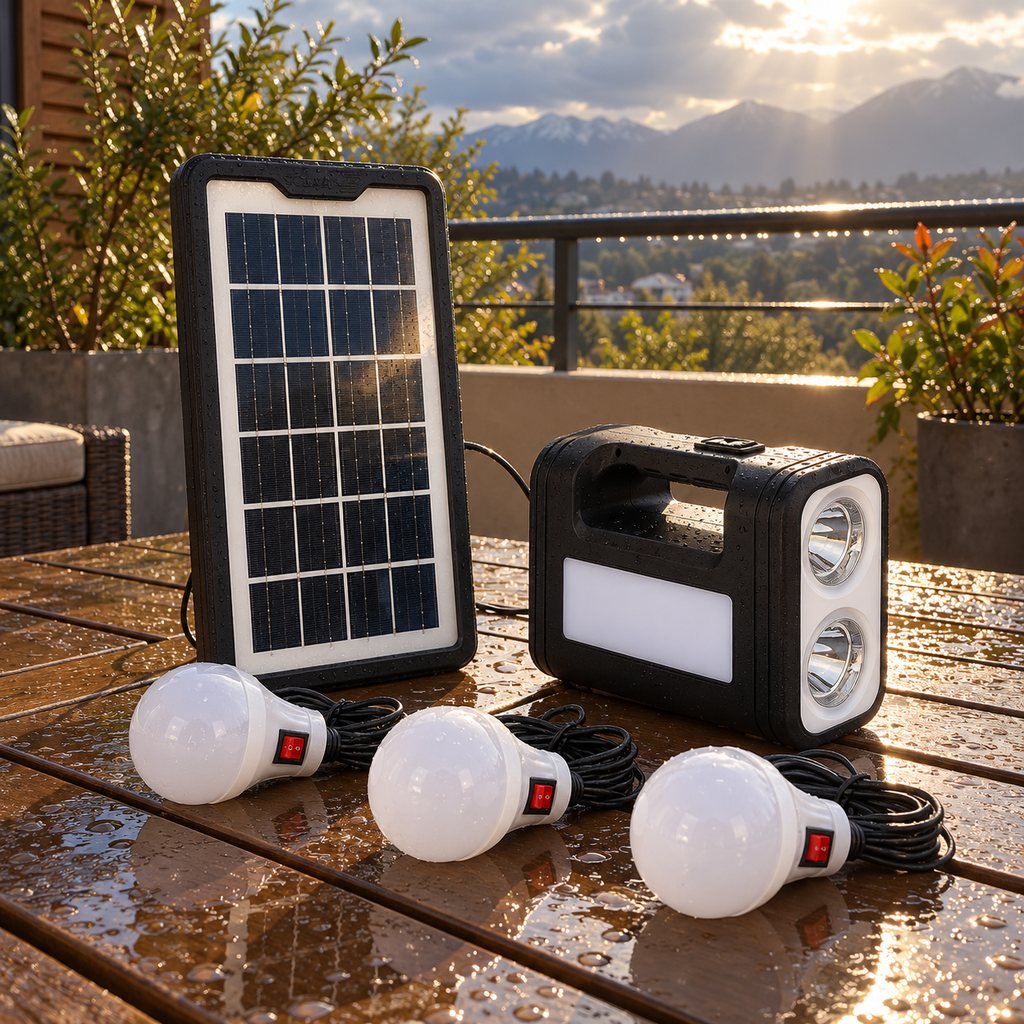 Panel solar del kit cargándose al sol en una terraza