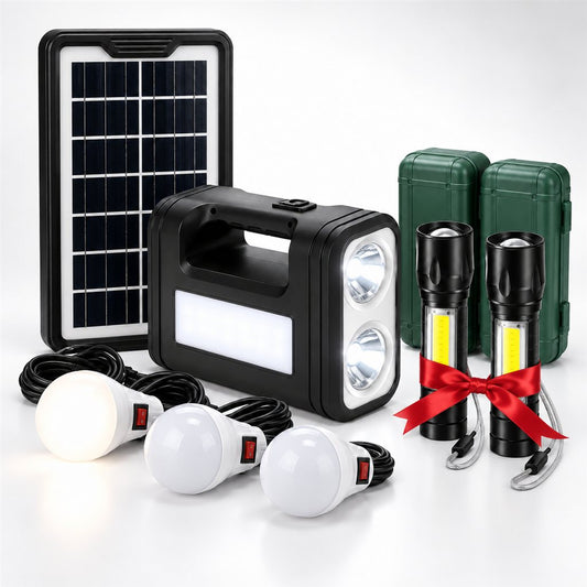 Kit solar de emergencia con estación, panel solar, 3 ampolletas y 2 mini linternas de regalo