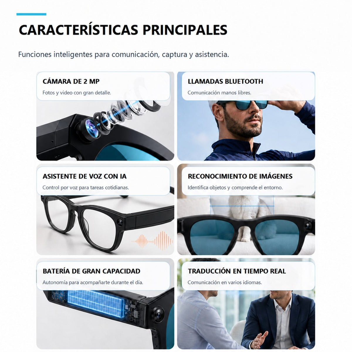 Características: cámara 2MP, llamadas Bluetooth, asistente de voz, traducción