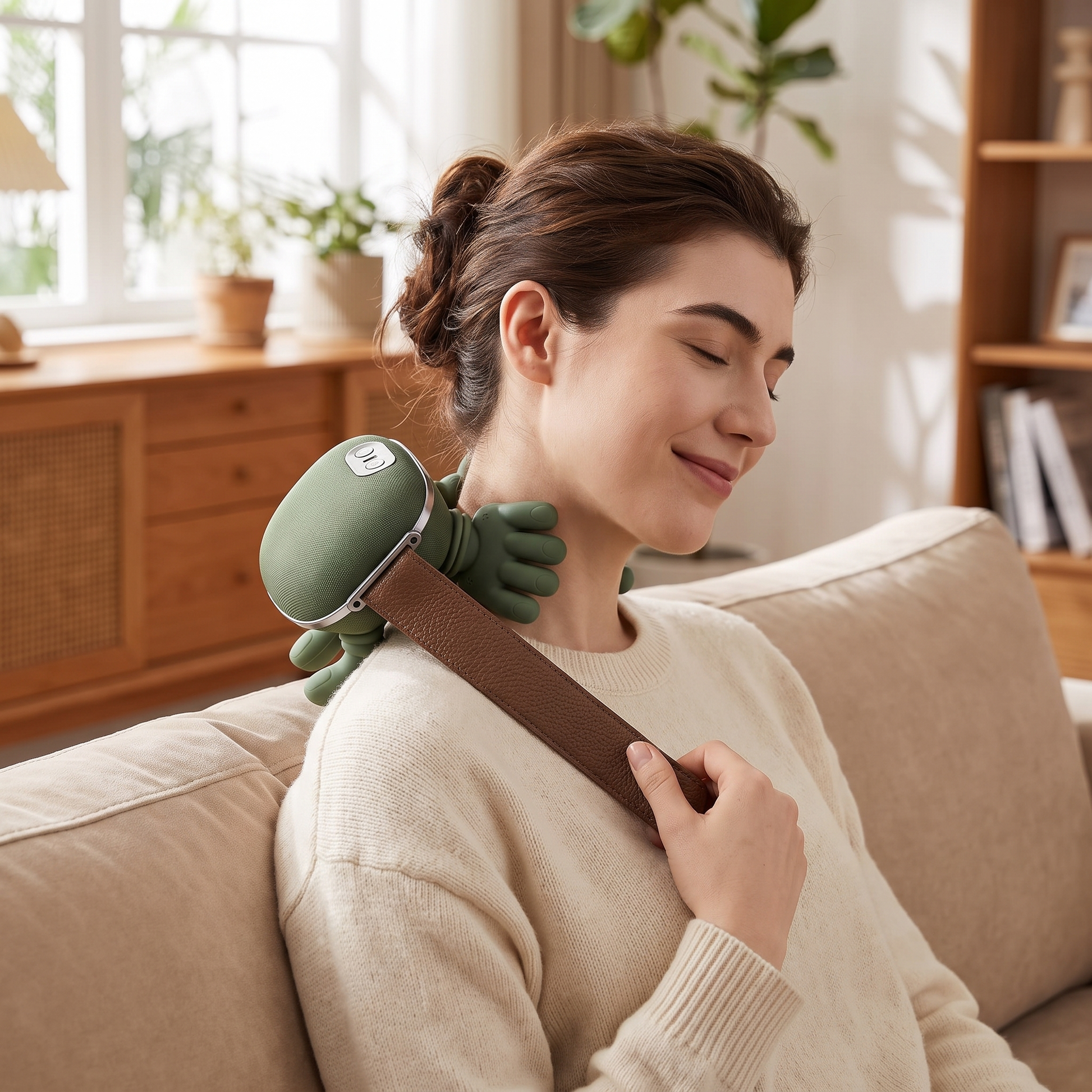 Mujer relajada usando el masajeador de cuello y hombros Nuvema en el sofa