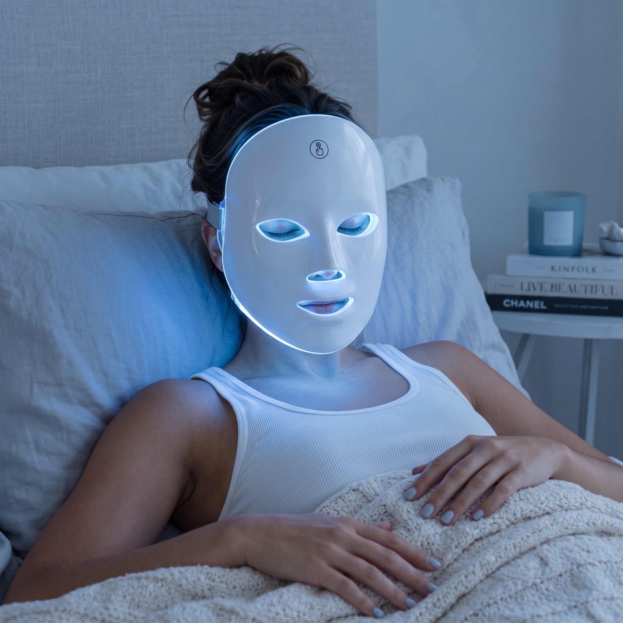 Mujer usando la máscara de terapia de luz LED azul, relajada en casa