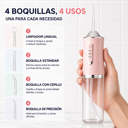 4 boquillas, 4 usos: lingual, estándar, con cepillo y de precisión