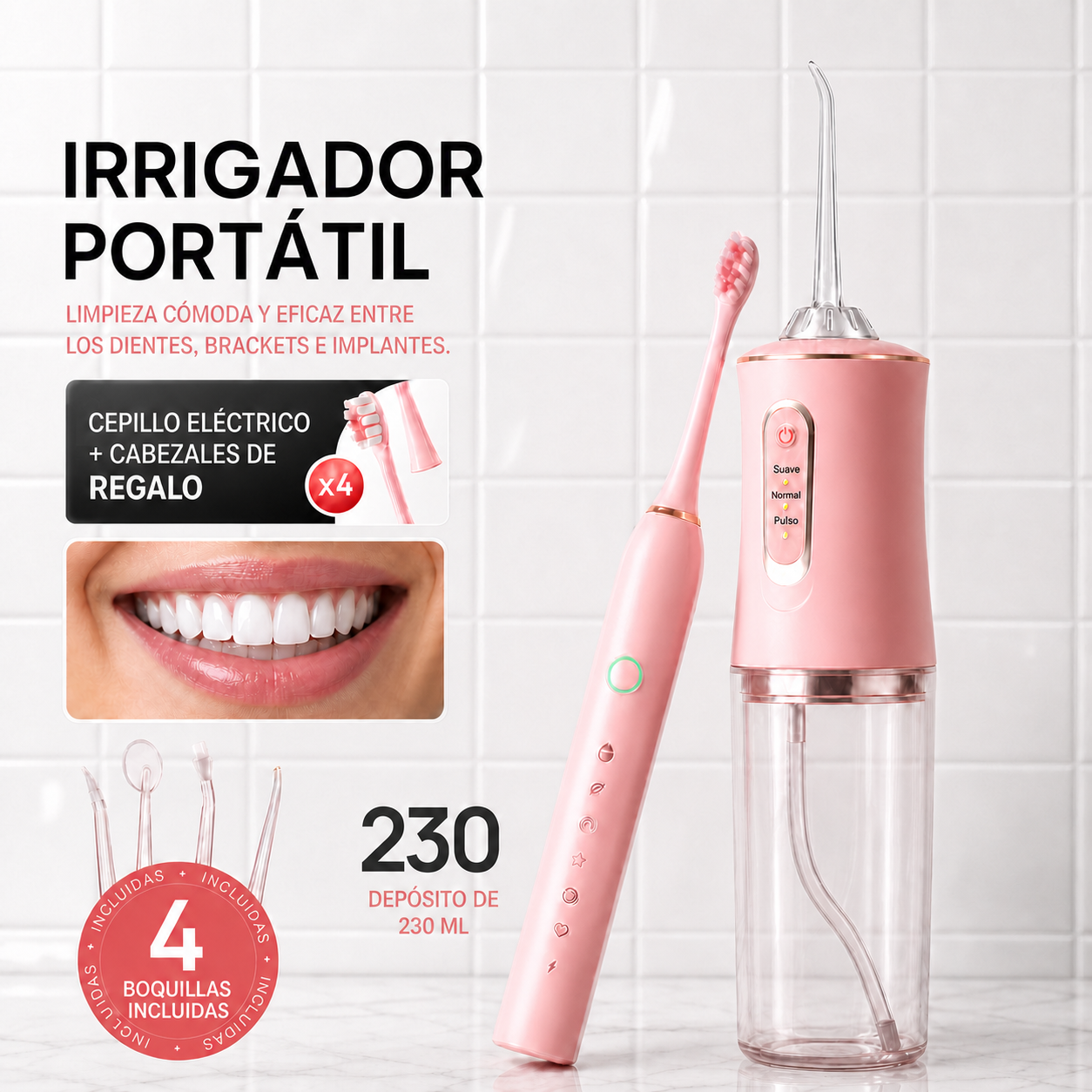 Irrigador portátil: cepillo eléctrico y 4 cabezales de regalo, depósito 230 ml