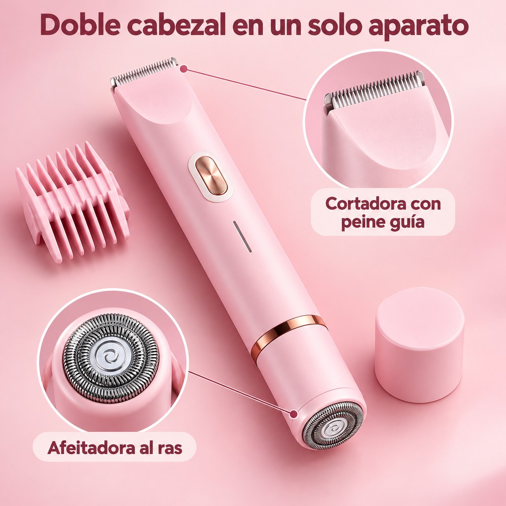 Doble cabezal en un solo aparato: cortadora con peine guía y afeitadora al ras