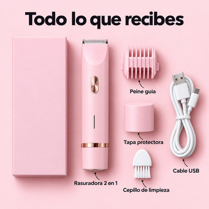 Todo lo que recibes: rasuradora, peine guía, tapa protectora, cepillo de limpieza y cable USB