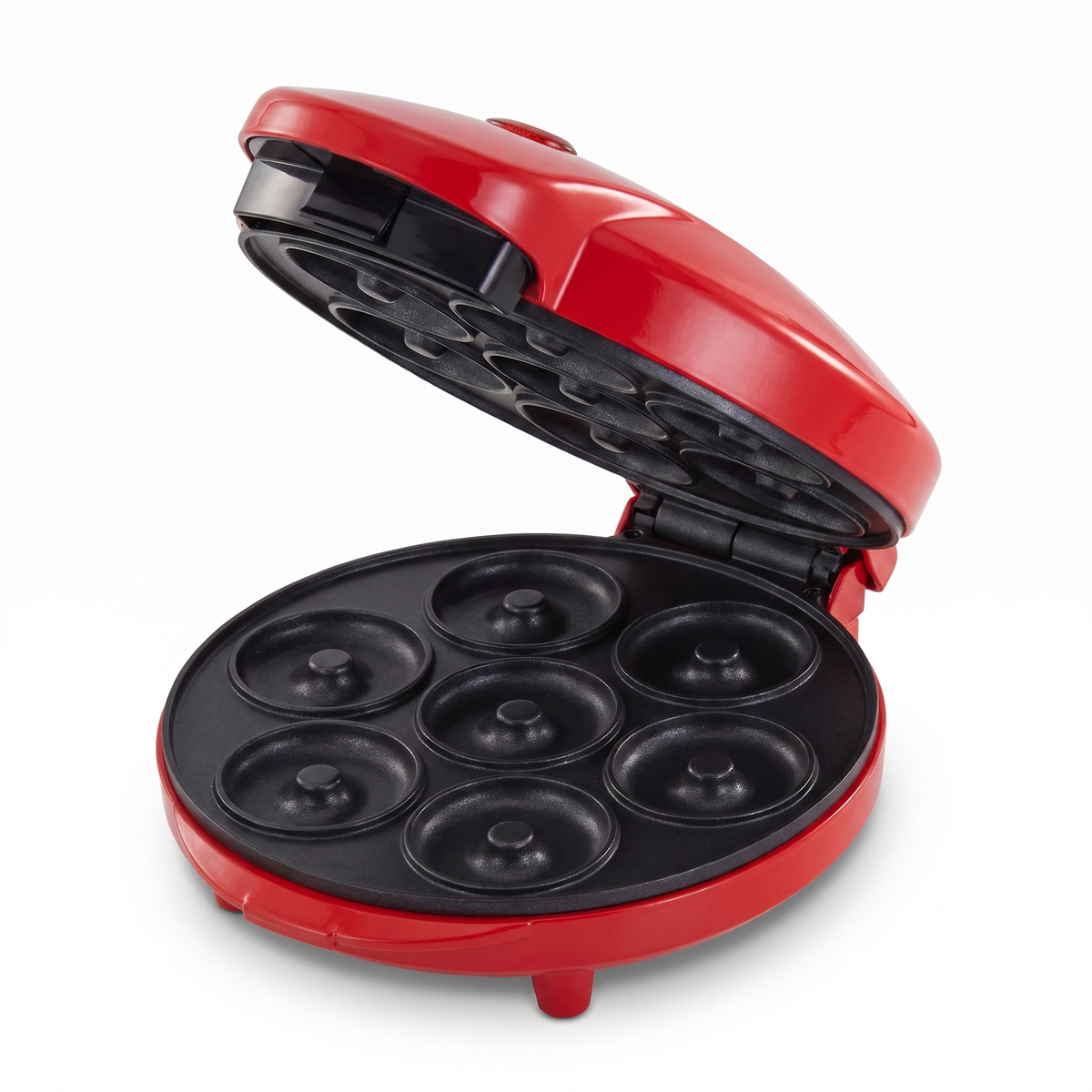 Mini máquina de donas SmartBake roja sobre fondo blanco