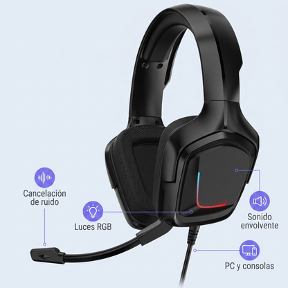Características: cancelación de ruido, luces RGB, PC y consolas, sonido envolvente