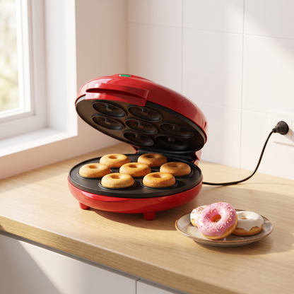 Mini máquina de donas en uso en una cocina hogareña