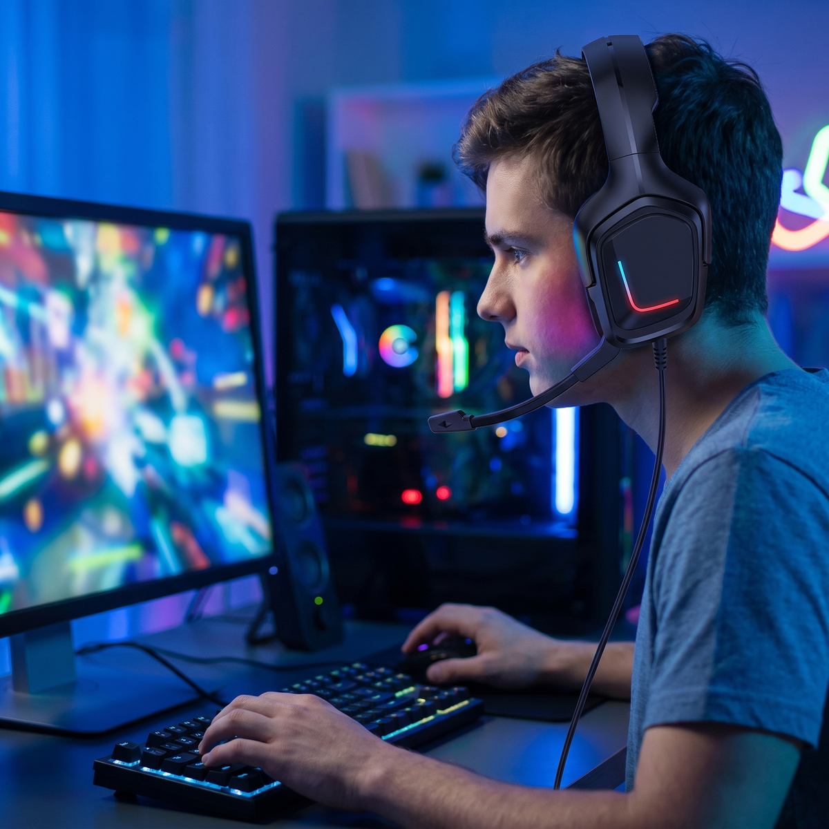 Gamer usando los auriculares RGB con micrófono frente al PC