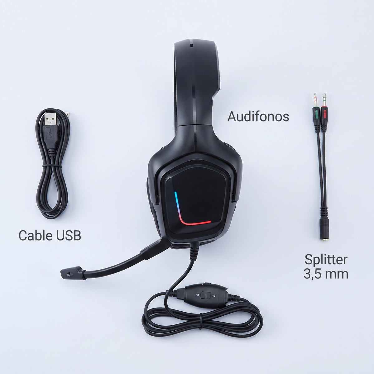 Contenido de la caja: audífonos, cable USB y splitter 3,5 mm