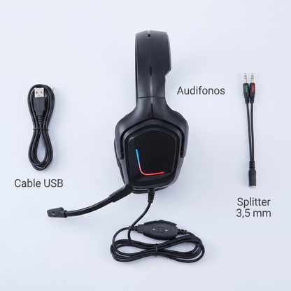 Contenido de la caja: audífonos, cable USB y splitter 3,5 mm