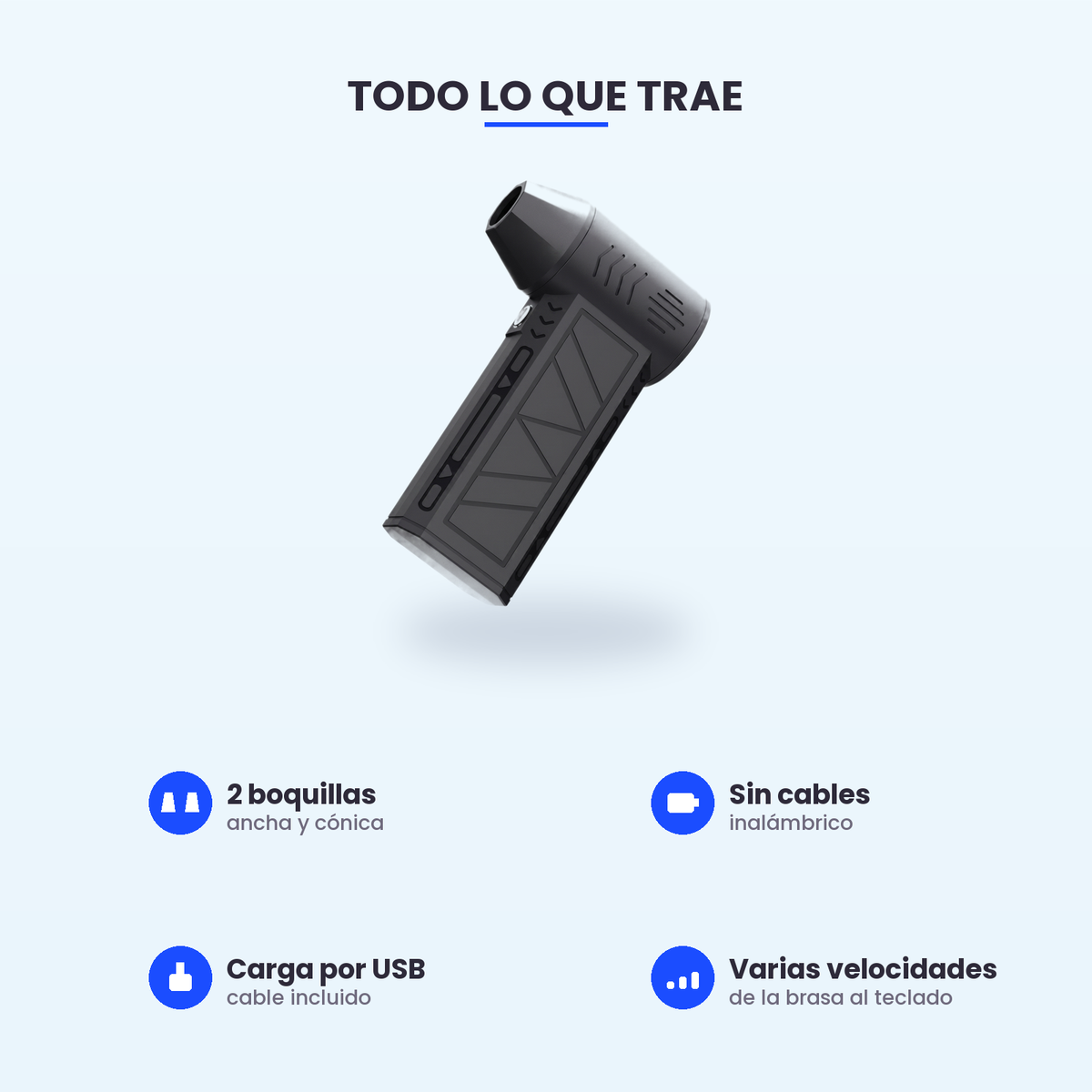 Caracteristicas del Soplador Turbo Jet: dos boquillas, sin cables, carga USB, varias velocidades