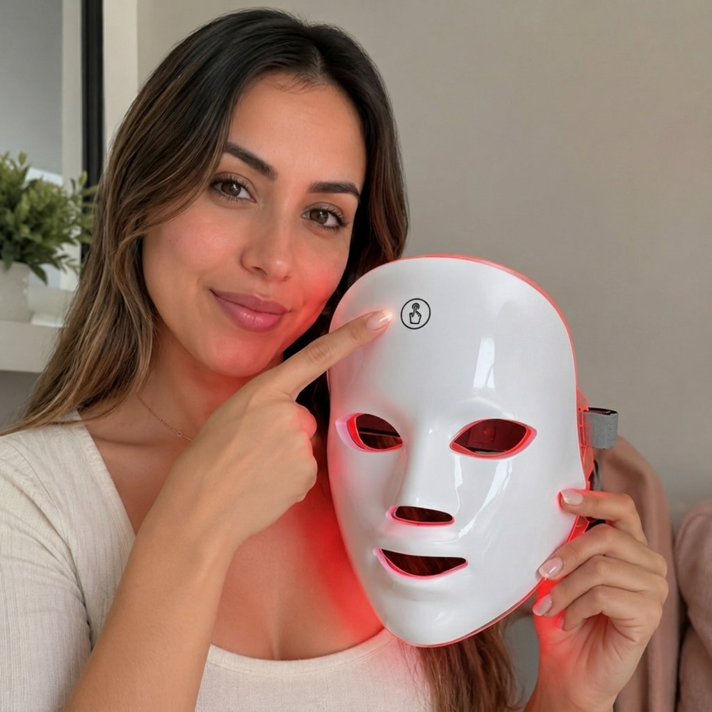 Clienta sosteniendo la máscara LED encendida, foto real en casa