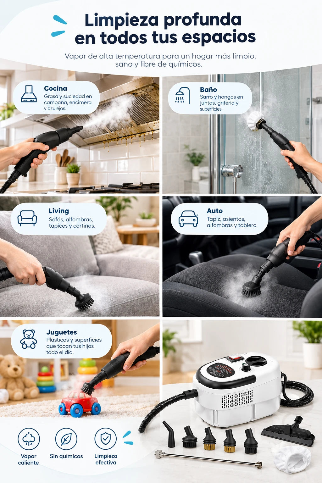 Limpieza profunda en todos tus espacios: cocina, baño, living, auto y juguetes con vapor de alta temperatura